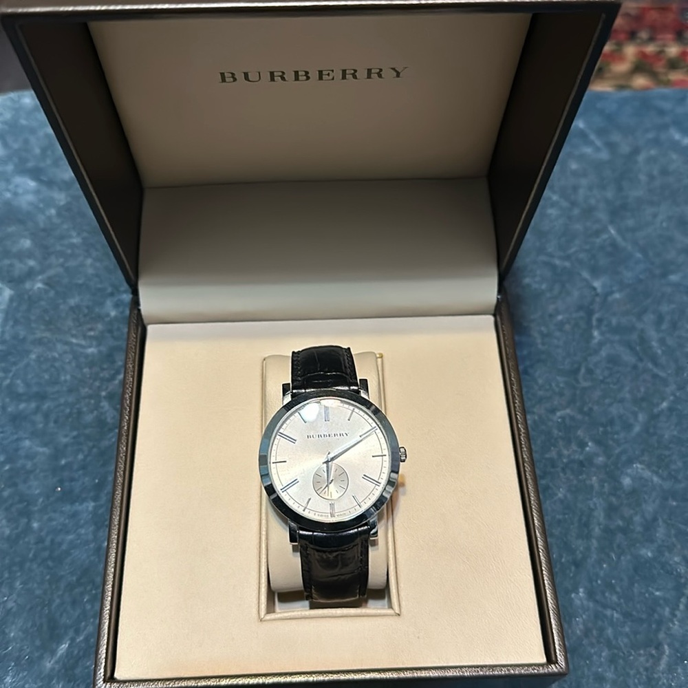 Men’s authentic Burberry watch black leather croc embossed band.
